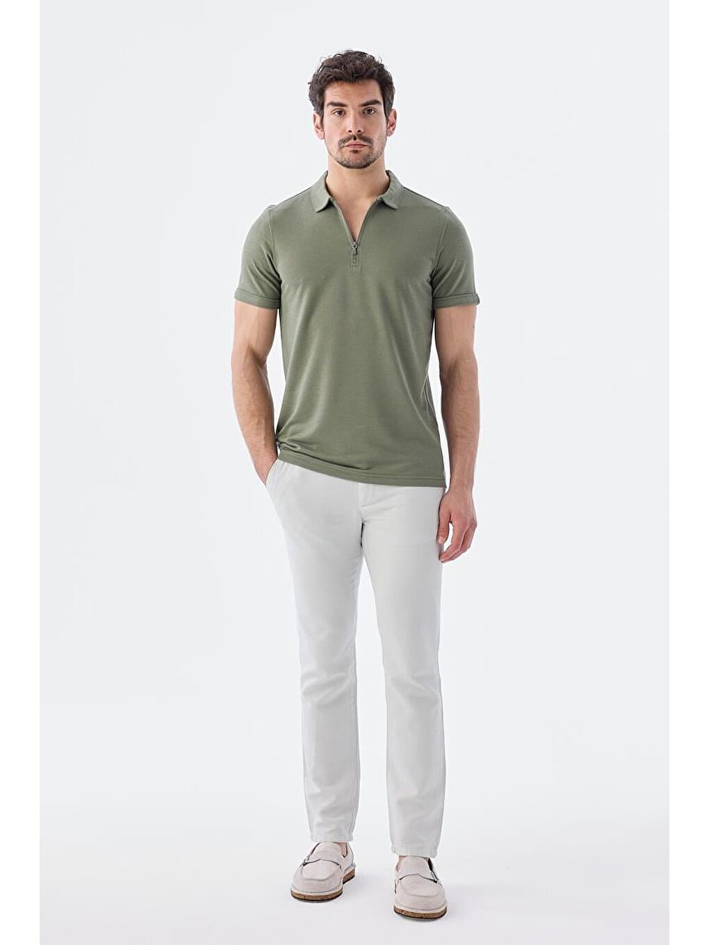 Küf Yeşili Fermuarlı Slim Fit Polo Yaka T-Shirt-1