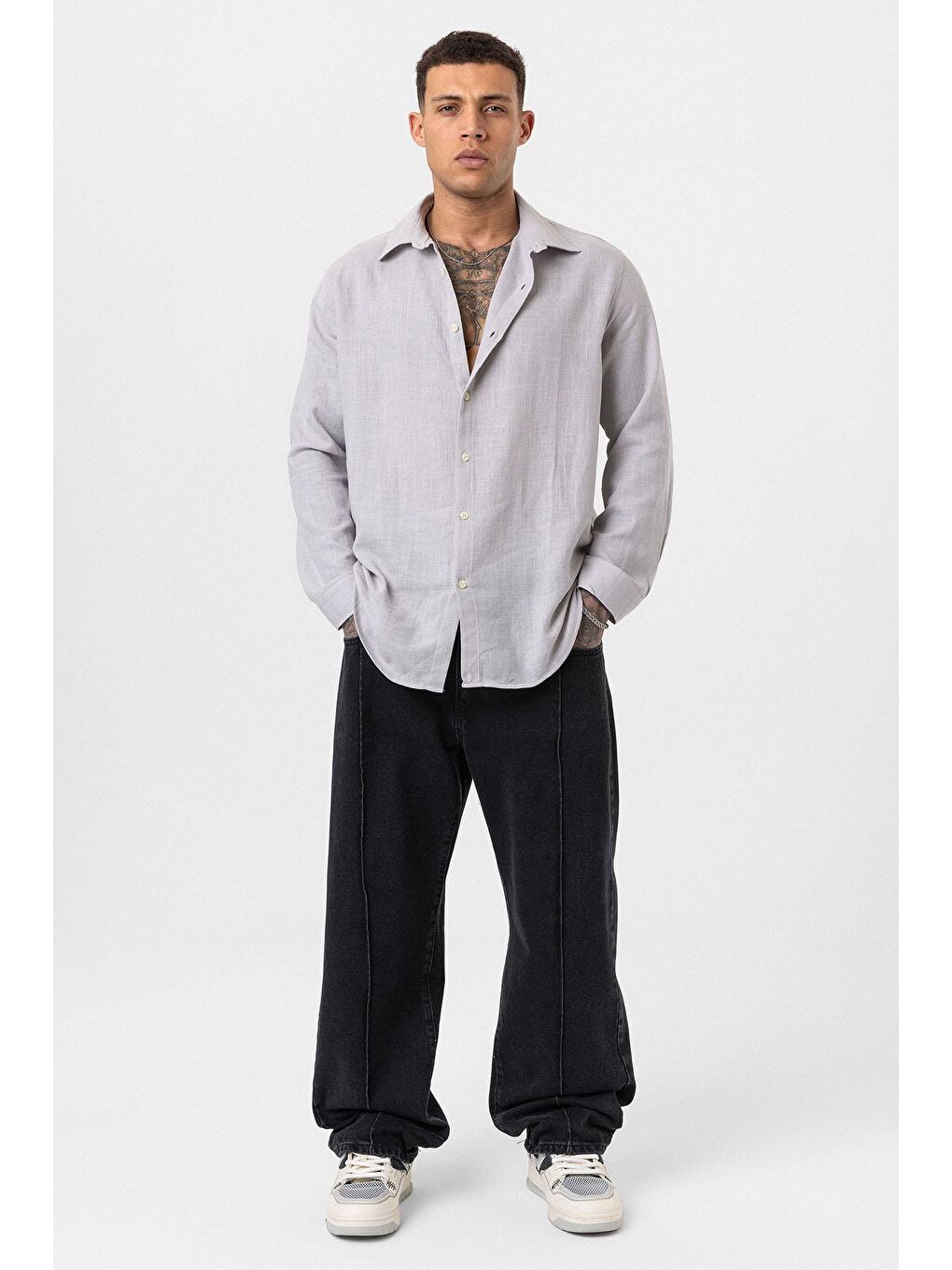 Uzun Kollu Basic Oversize Gömlek Gri