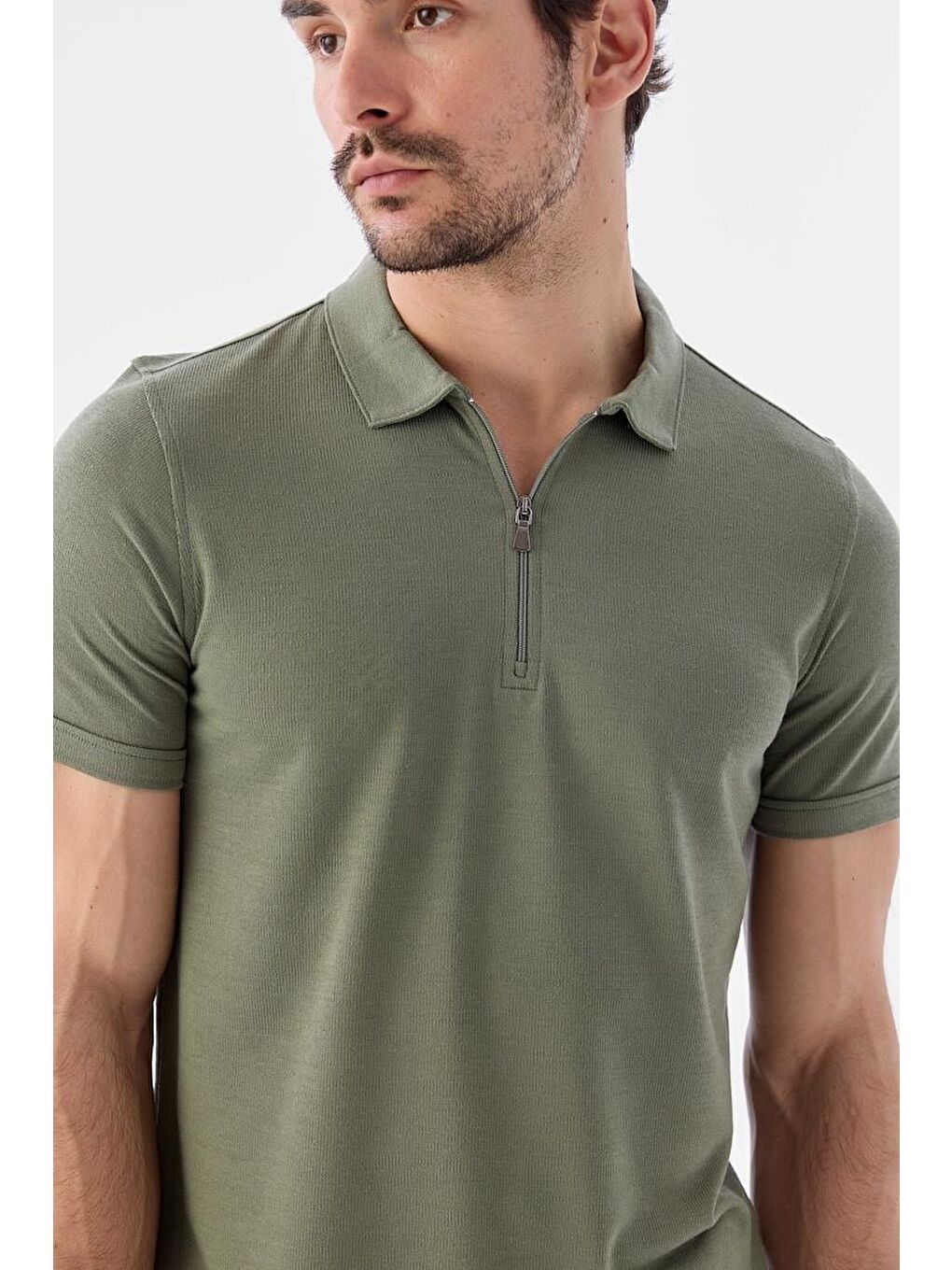 Küf Yeşili Fermuarlı Slim Fit Polo Yaka T-Shirt-2