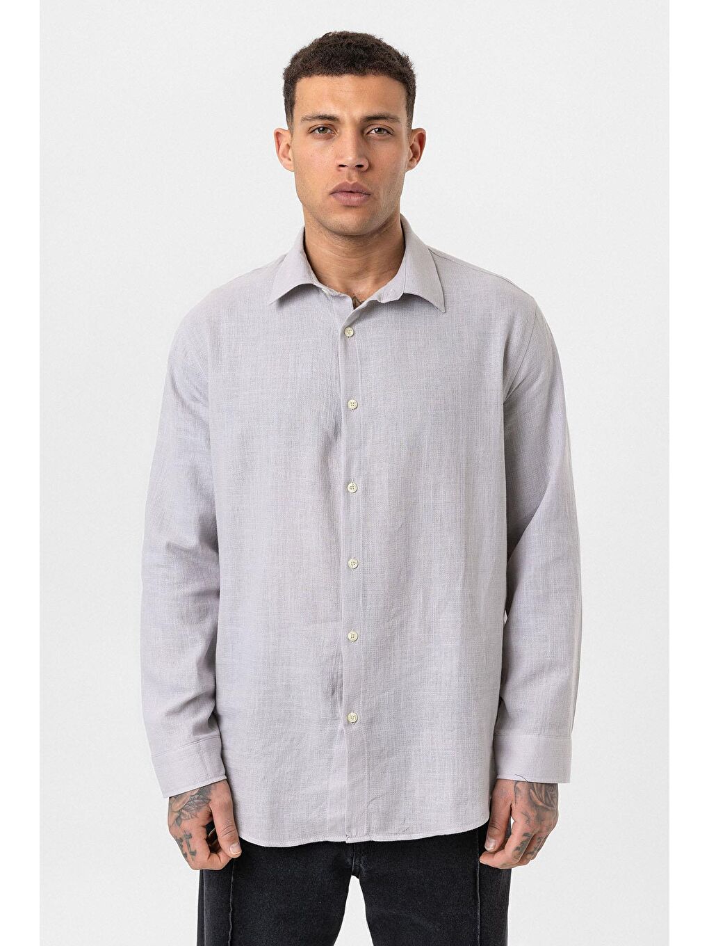 Uzun Kollu Basic Oversize Gömlek Gri-2