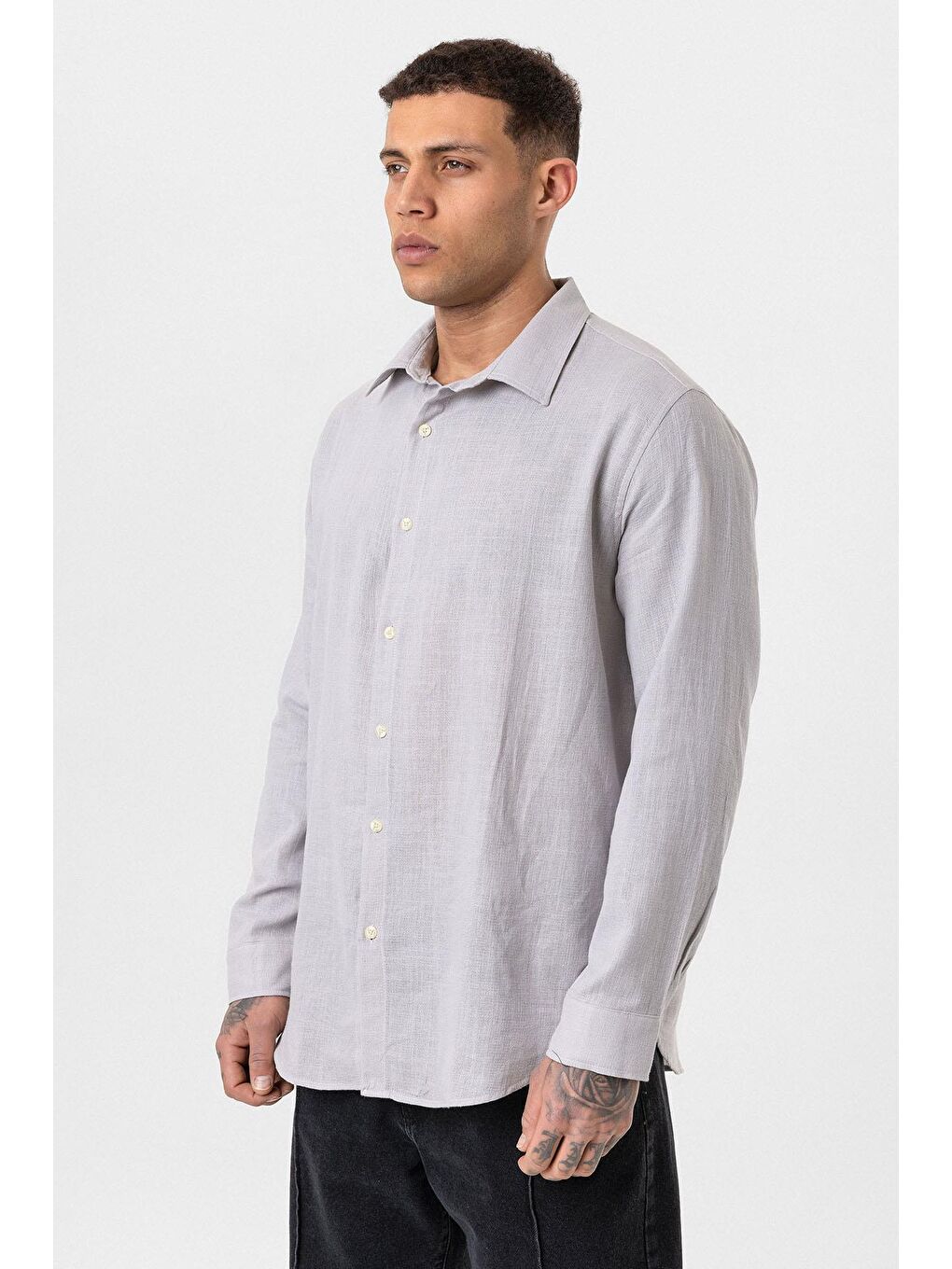 Uzun Kollu Basic Oversize Gömlek Gri-3