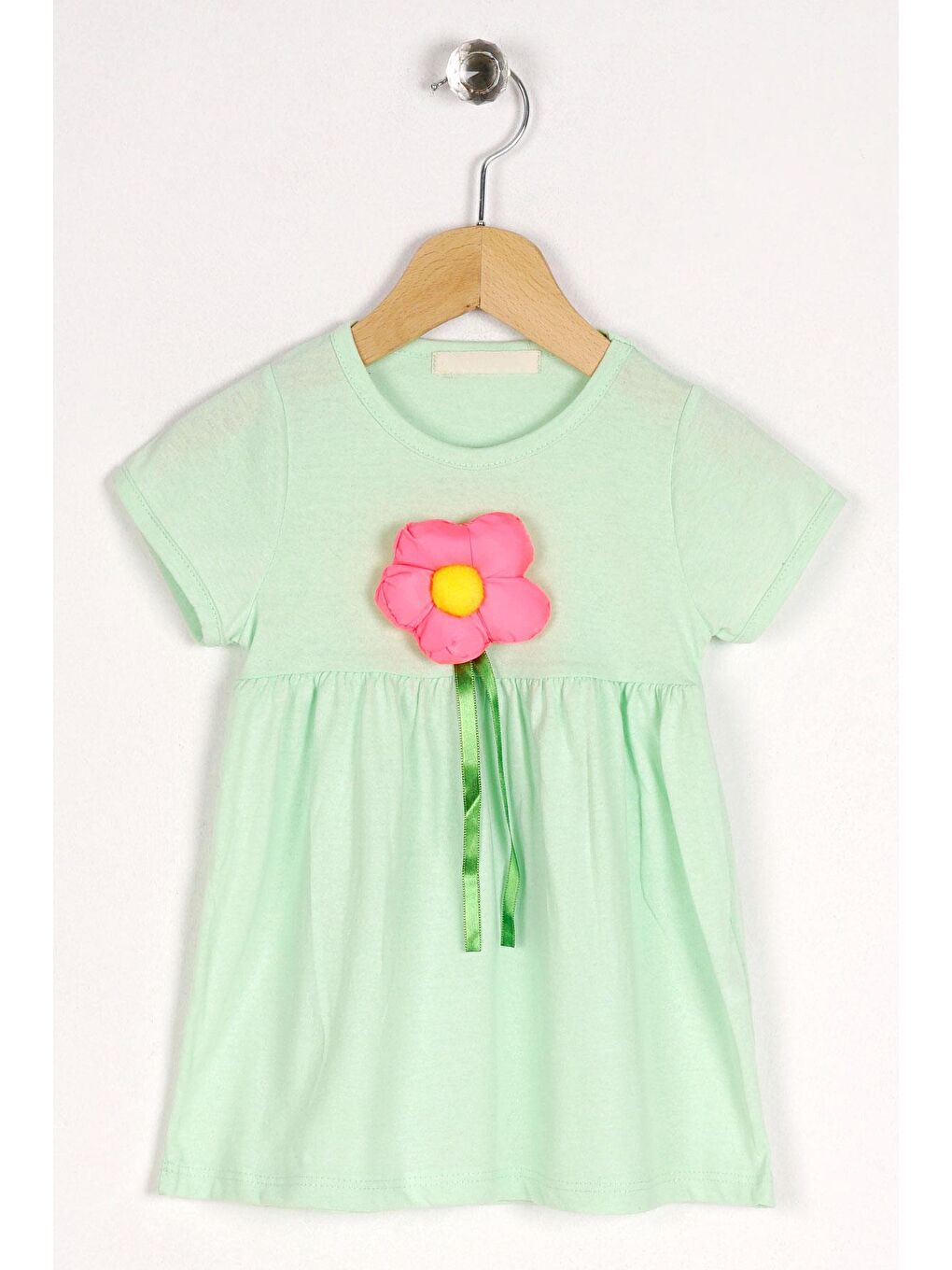 Yeşil Bisiklet Yaka Kısa Kol Puf Çiçekli Mint Renk Kız Çocuk Elbise