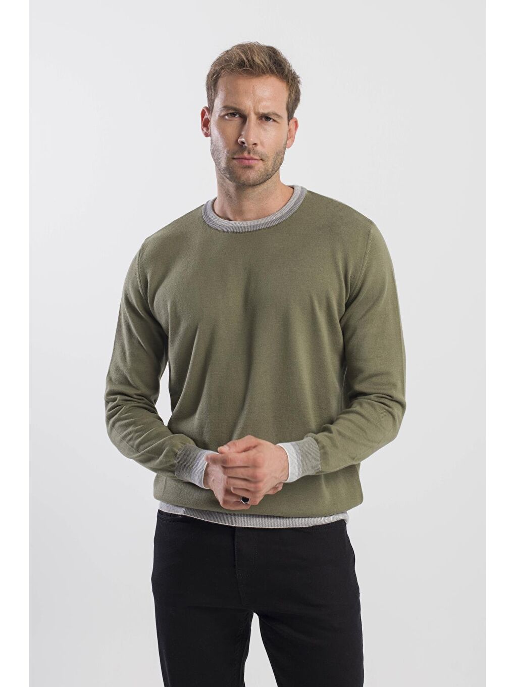 Haki Slim Fit Bisiklet Yaka Triko Kazak