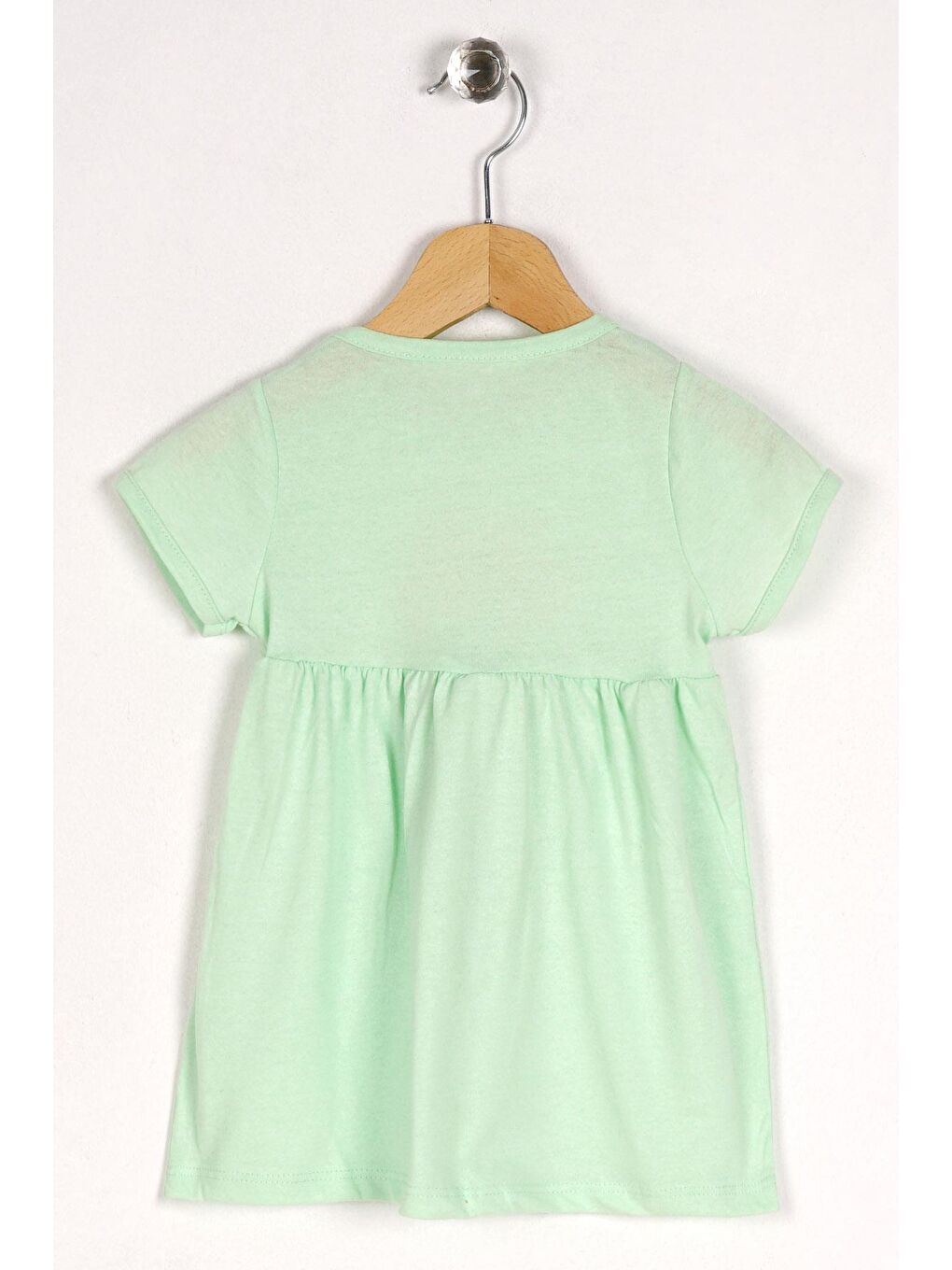Yeşil Bisiklet Yaka Kısa Kol Puf Çiçekli Mint Renk Kız Çocuk Elbise-1