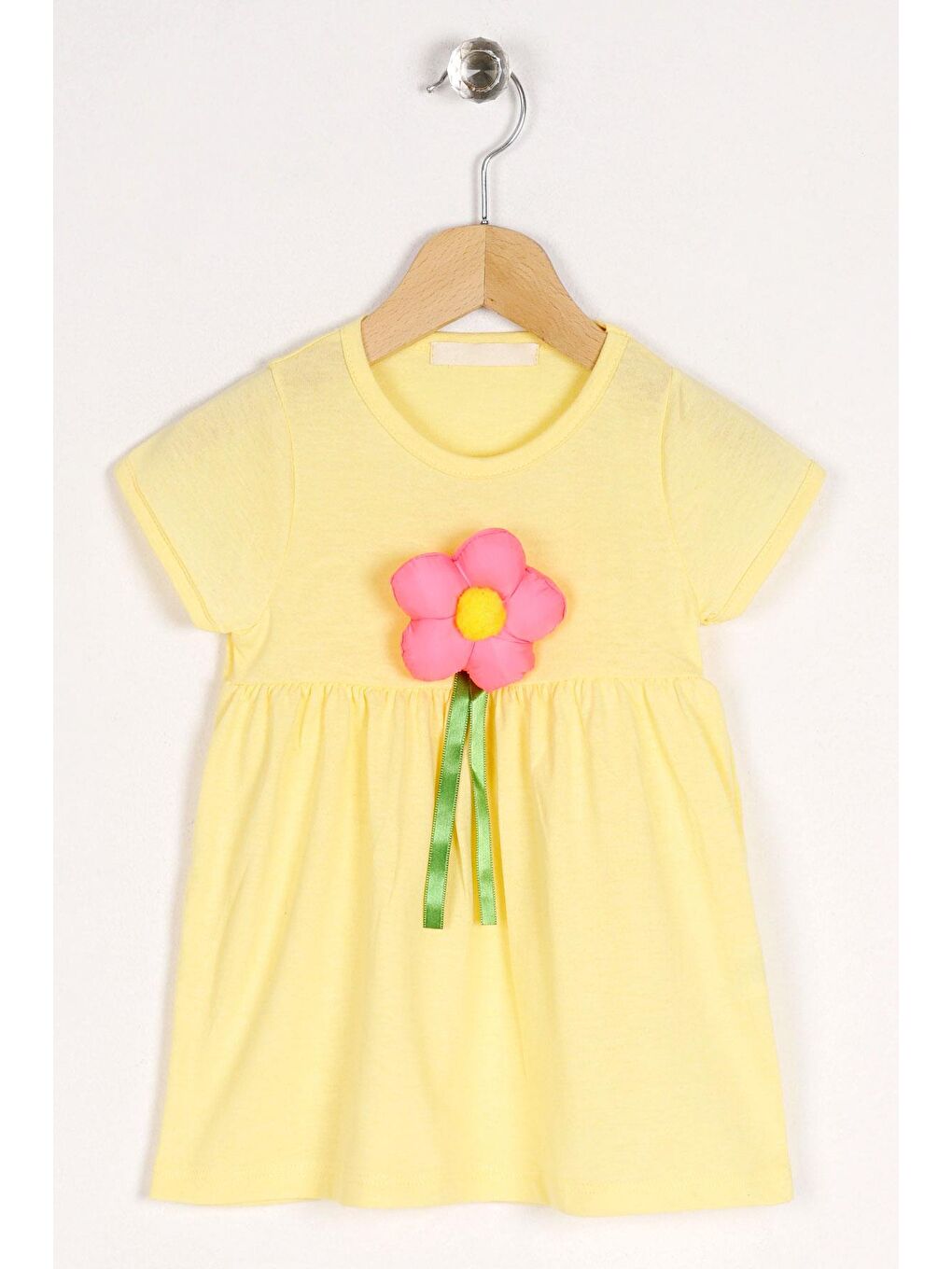 Bisiklet Yaka Kısa Kol Puf Çiçekli Sarı Renk Kız Çocuk Elbise