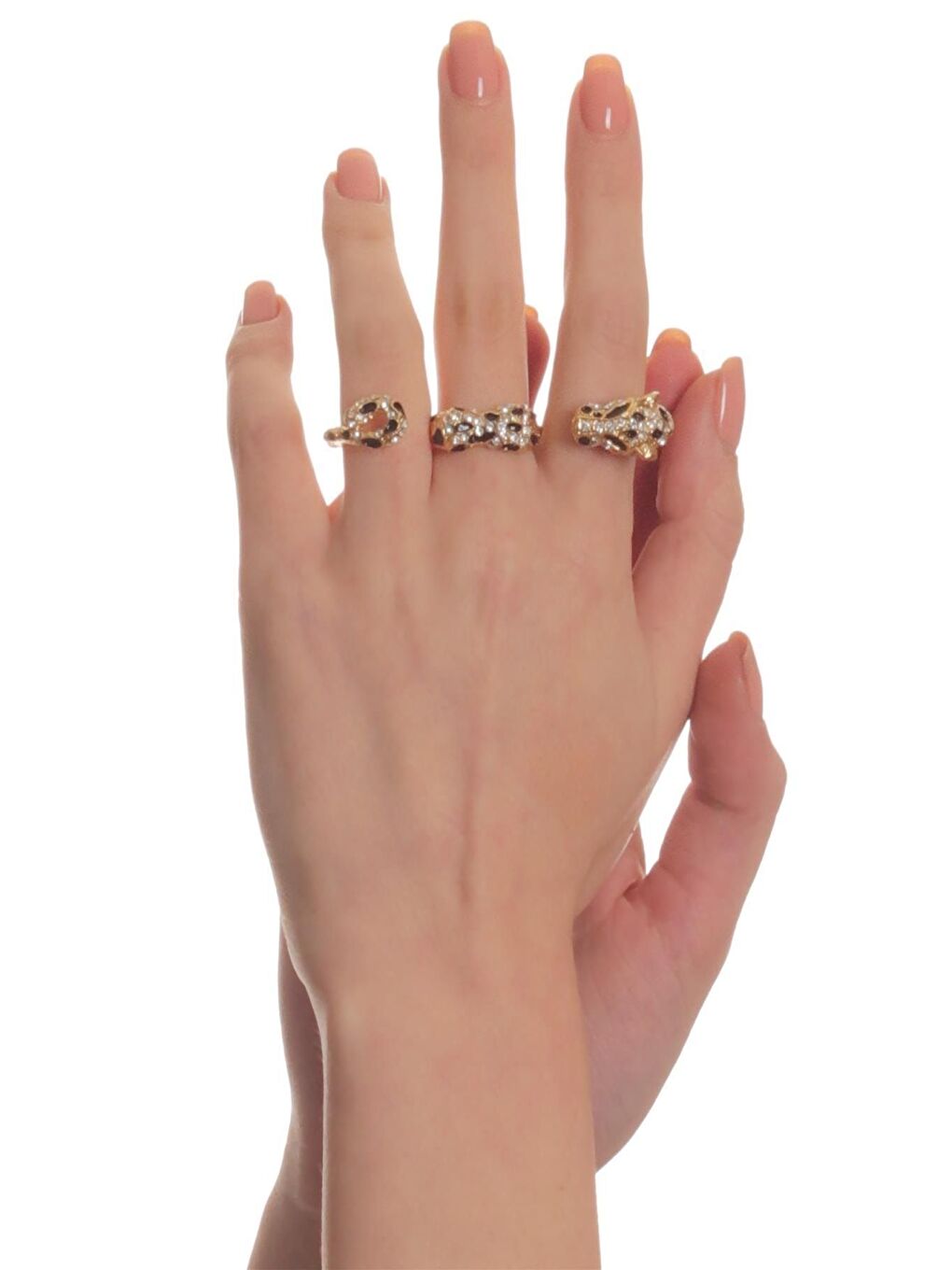 Sarı Kadın Altın Renk Lak Kaplama Mineli Zirkon Taşlı 3 Parmak Kaplan Yüzük-1