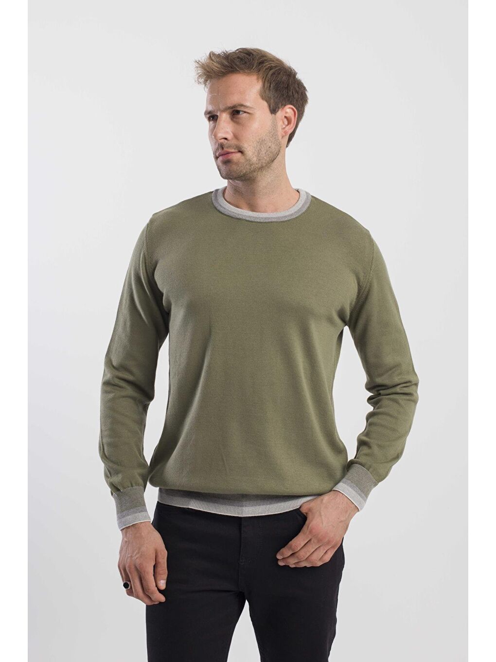 Haki Slim Fit Bisiklet Yaka Triko Kazak-1