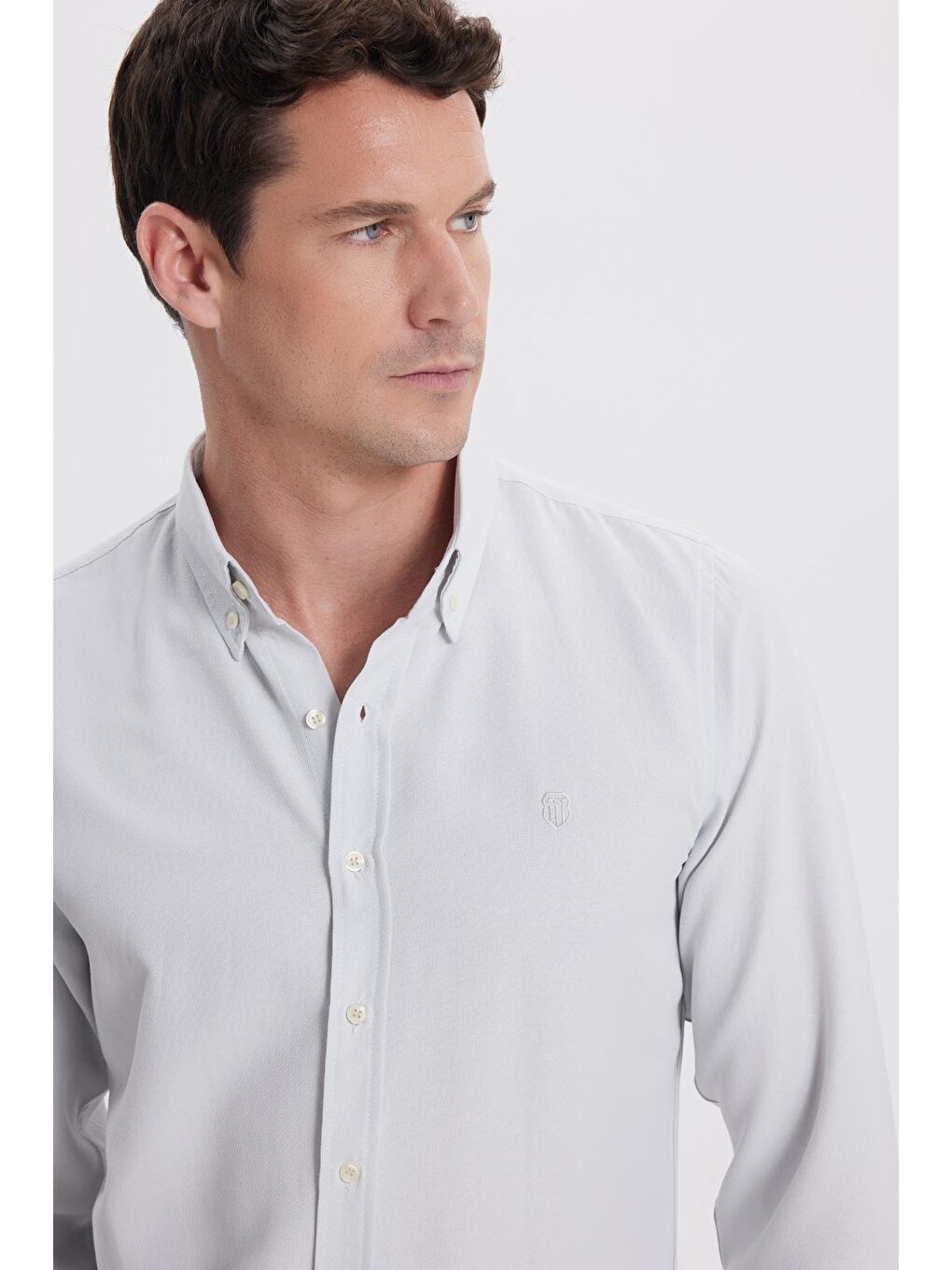 Erkek Slim Fit Dar Kesim Düz Oxford Armalı Düğmeli Yaka Gri Spor Gömlek-1