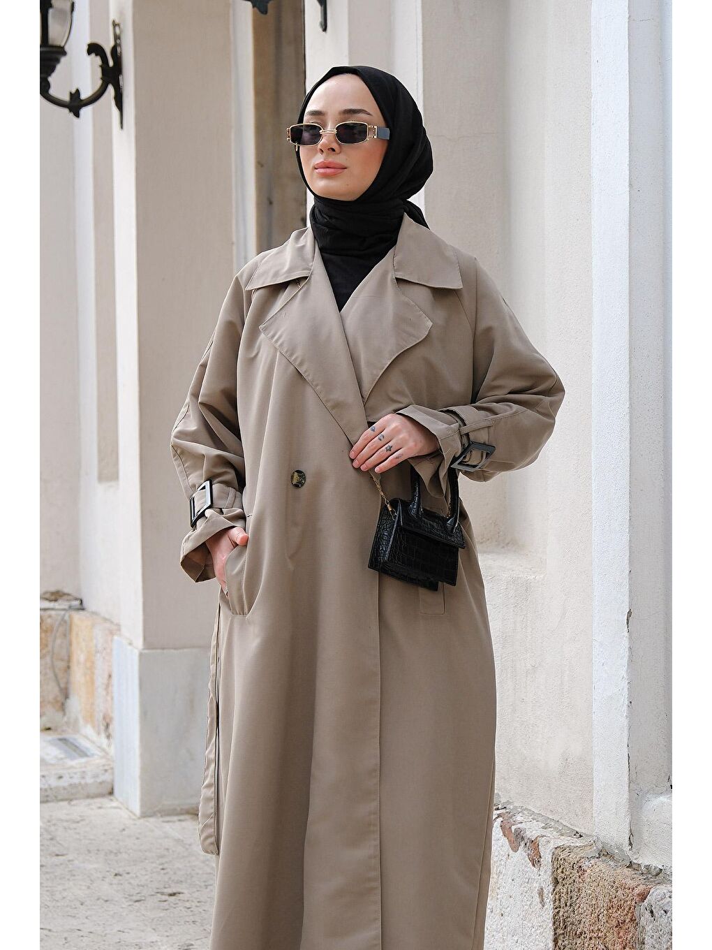 Kadın Oversize Kuşaklı Uzun Trençkot Gri-1