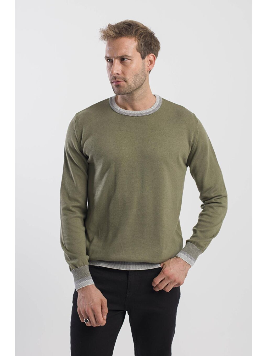 Haki Slim Fit Bisiklet Yaka Triko Kazak-2