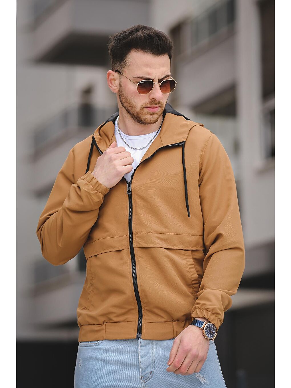 Sarı Antonin Bel ve Kol Lastikli Slim Fit Erkek Mevsimlik Kapüşonlu Mont Yağmurluk