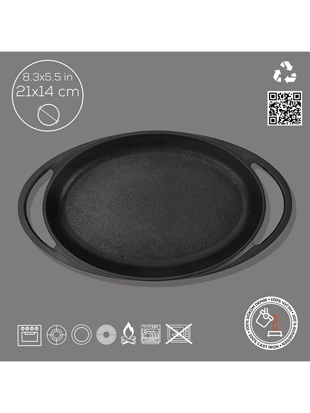 Siyah Oval Sahan Döküm Demir Yekpare Çift Kulplu Ölçü 21x14cm.-1