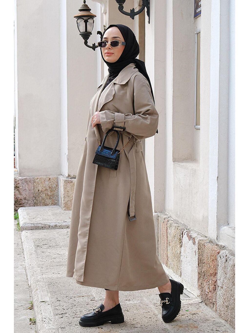 Kadın Oversize Kuşaklı Uzun Trençkot Gri-2