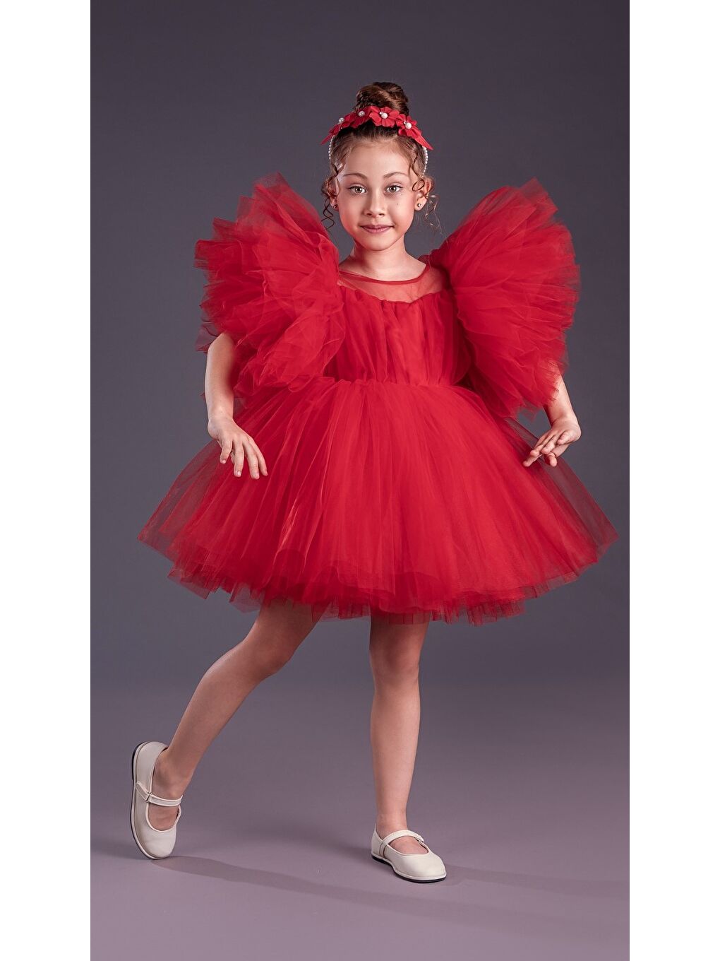 Kırmızı Tütü Etekli Kabarık Kollu Komotini Taçlı Kız Çocuk Abiye Elbise MNK0582-1