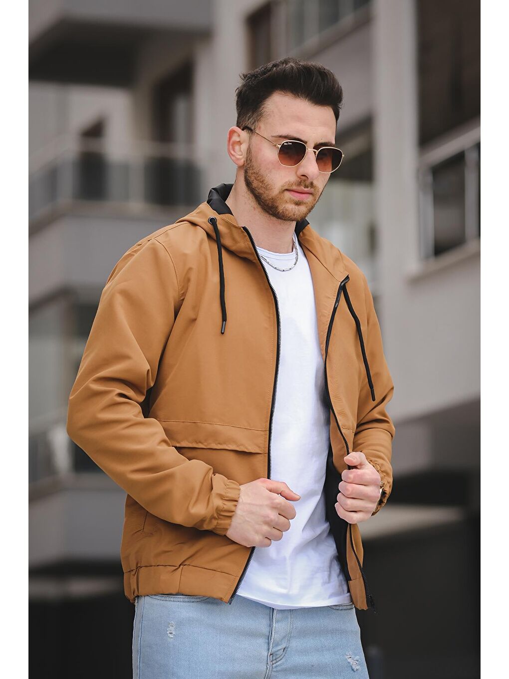 Sarı Antonin Bel ve Kol Lastikli Slim Fit Erkek Mevsimlik Kapüşonlu Mont Yağmurluk-1