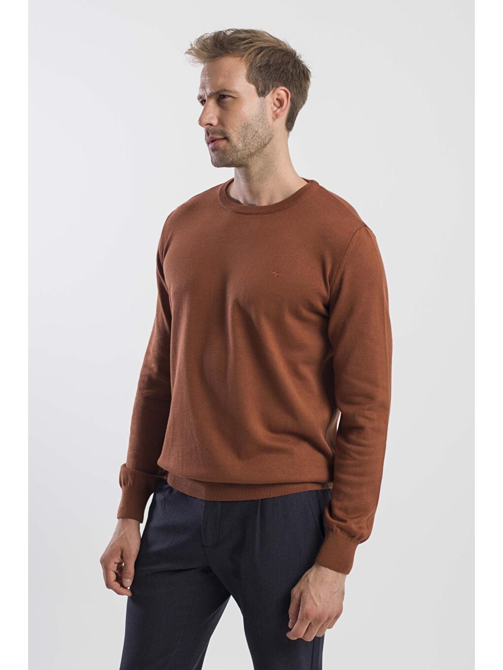 Kahverengi Tarçın Slim Fit Bisiklet Yaka Triko Kazak-2