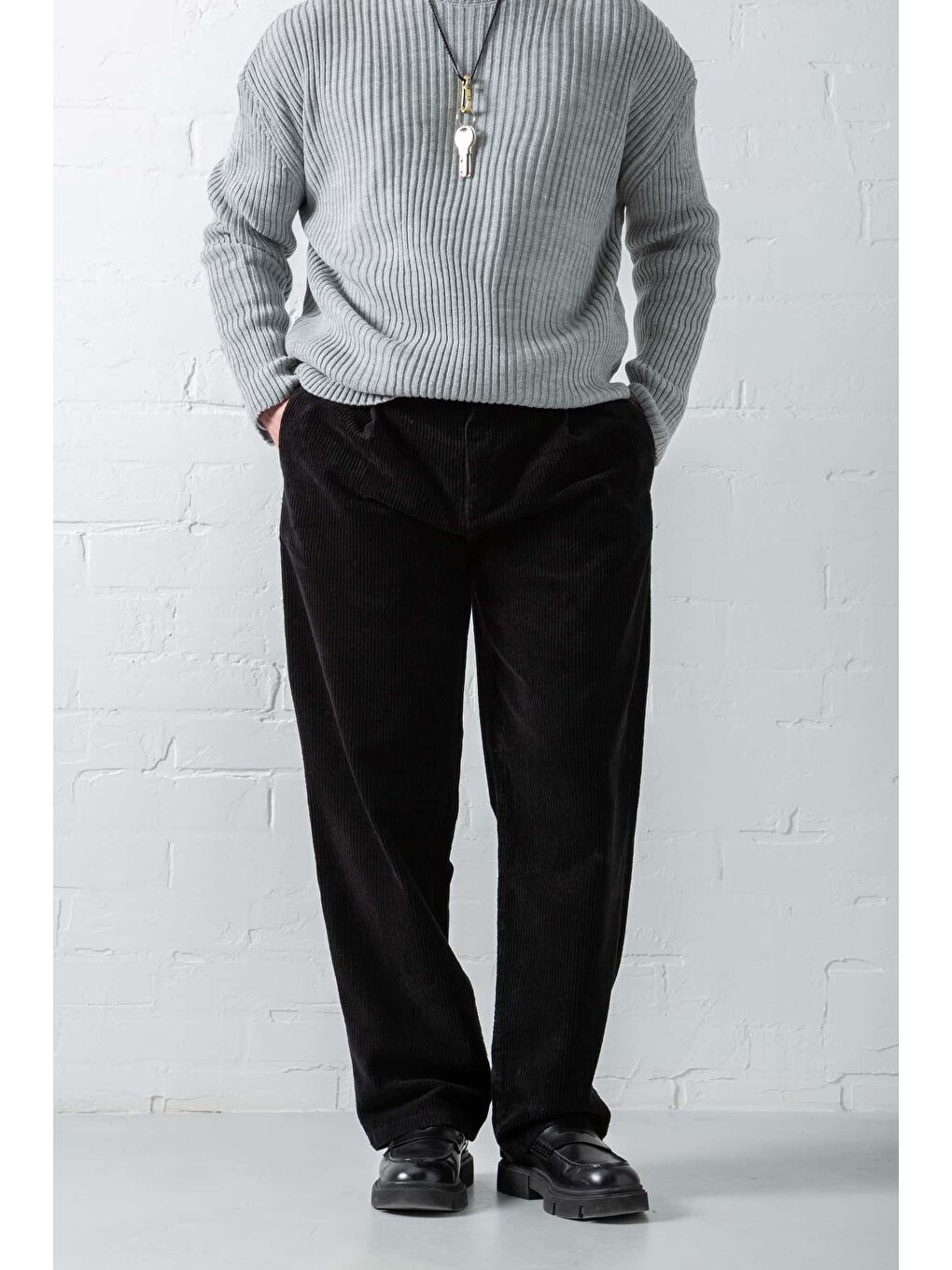 Erkek Baggy Fit Kadife Pantolon Siyah