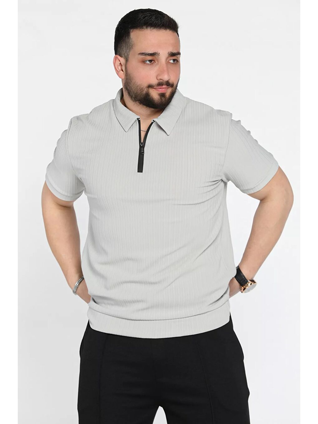 Gri Erkek Polo Yaka Yarım Fermuarlı Tişört-1