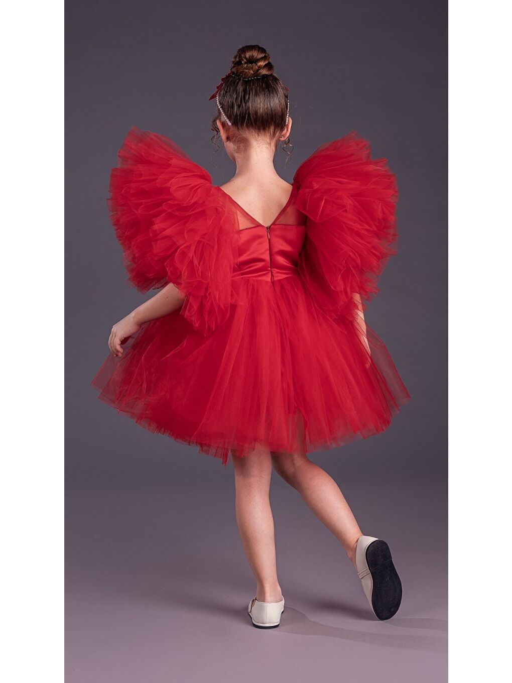 Kırmızı Tütü Etekli Kabarık Kollu Komotini Taçlı Kız Çocuk Abiye Elbise MNK0582-8