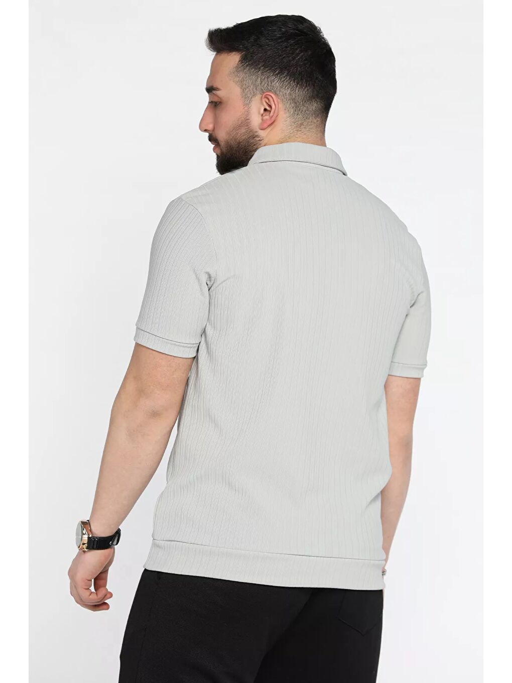 Gri Erkek Polo Yaka Yarım Fermuarlı Tişört-2