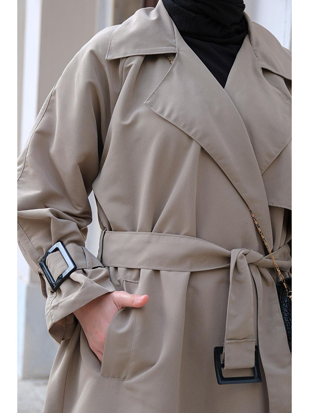 Kadın Oversize Kuşaklı Uzun Trençkot Gri-3