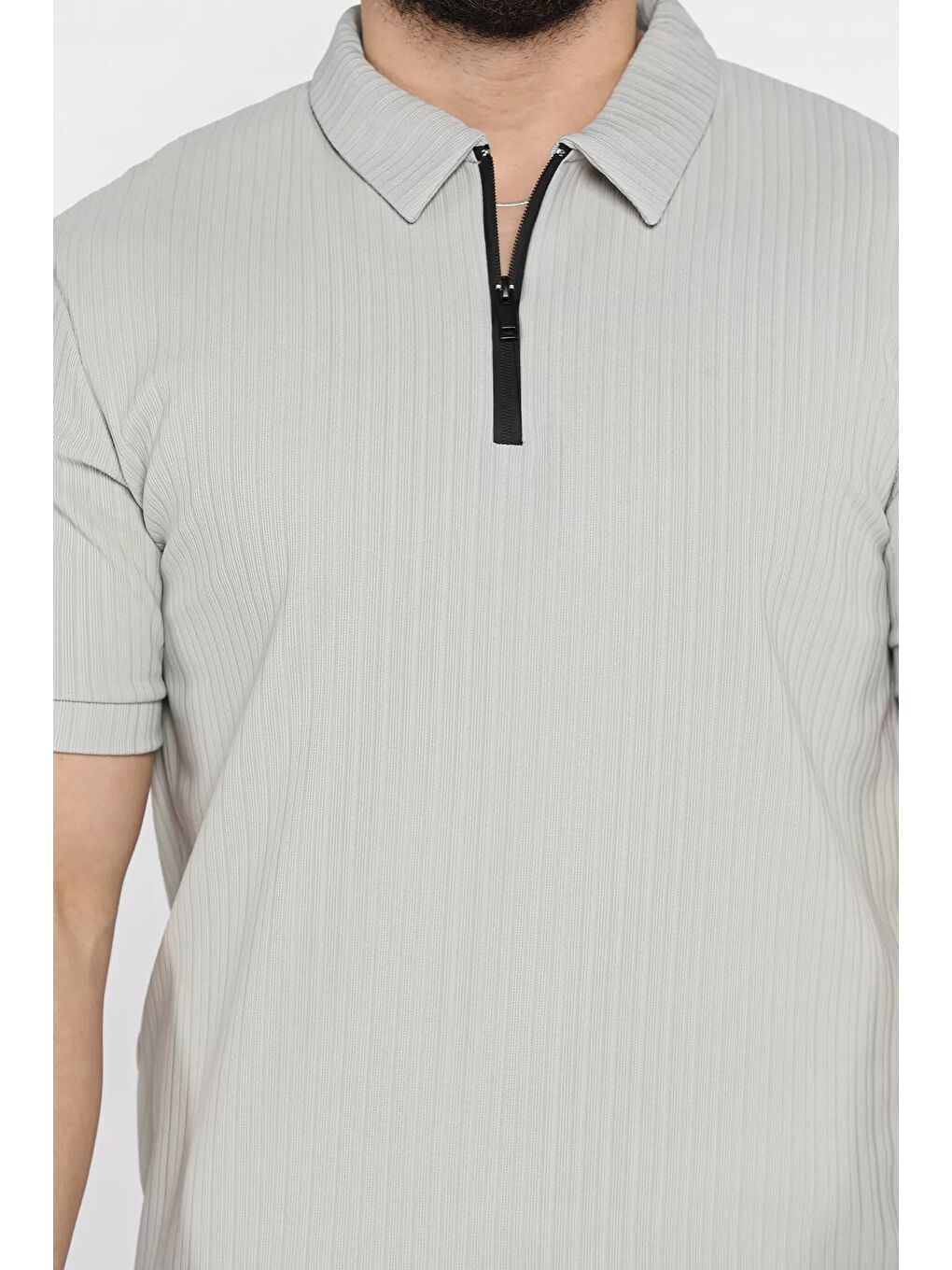 Gri Erkek Polo Yaka Yarım Fermuarlı Tişört-3