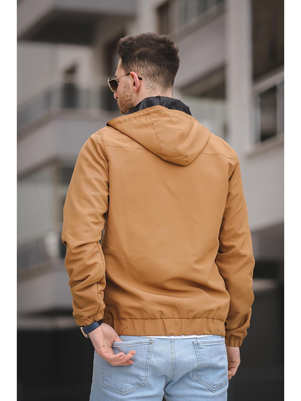 Sarı Antonin Bel ve Kol Lastikli Slim Fit Erkek Mevsimlik Kapüşonlu Mont Yağmurluk-2