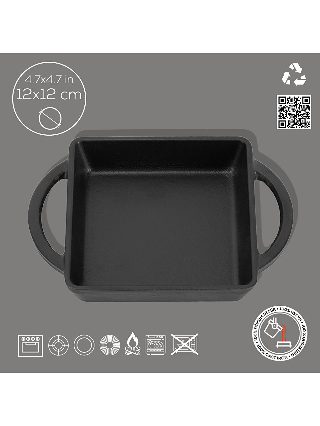 Siyah Kare Sahan Döküm Demir Yekpare Çift Kulplu Ölçü 12x12cm.-3