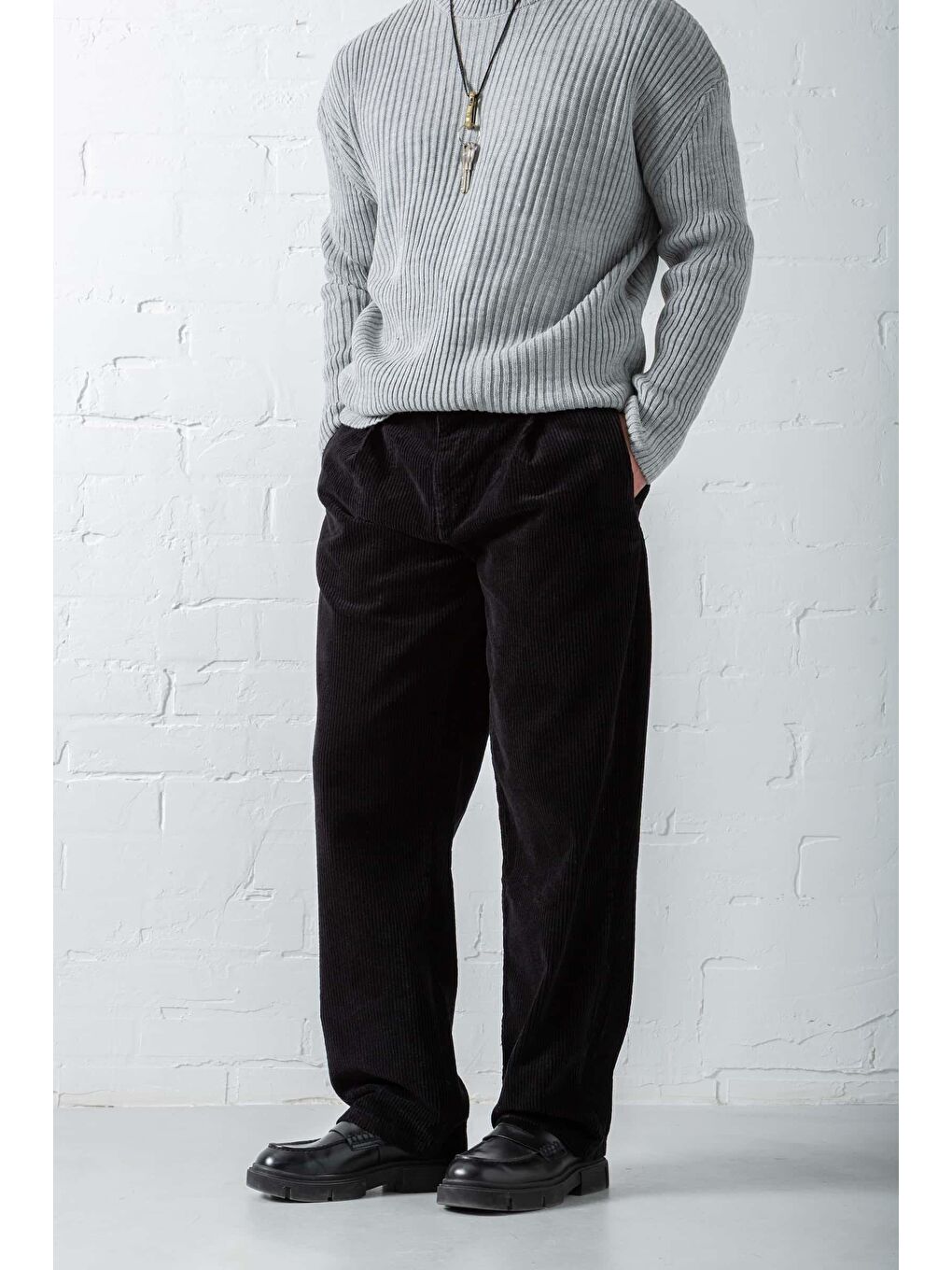 Erkek Baggy Fit Kadife Pantolon Siyah-1