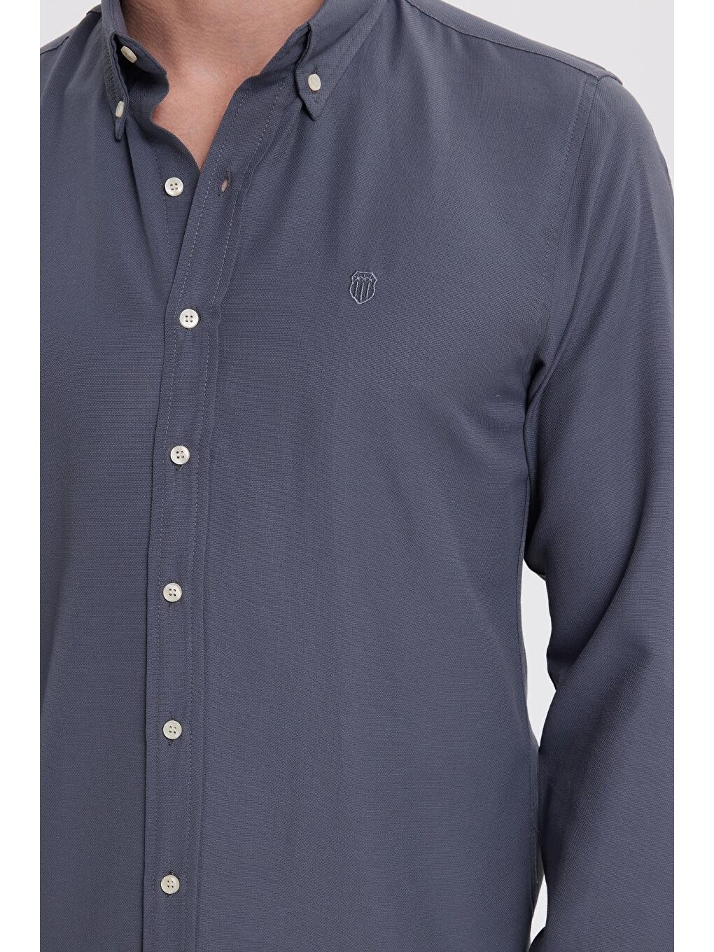 Erkek Slim Fit Dar Kesim Düz Oxford Armalı Düğmeli Yaka  Antrasit Spor Gömlek-2