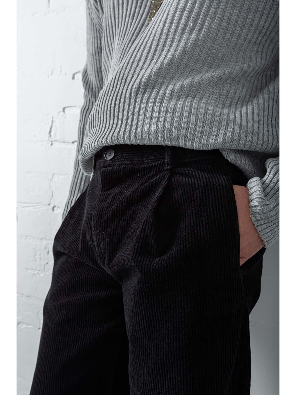 Erkek Baggy Fit Kadife Pantolon Siyah-2