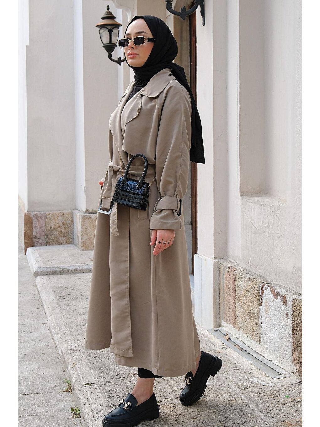 Kadın Oversize Kuşaklı Uzun Trençkot Gri-4