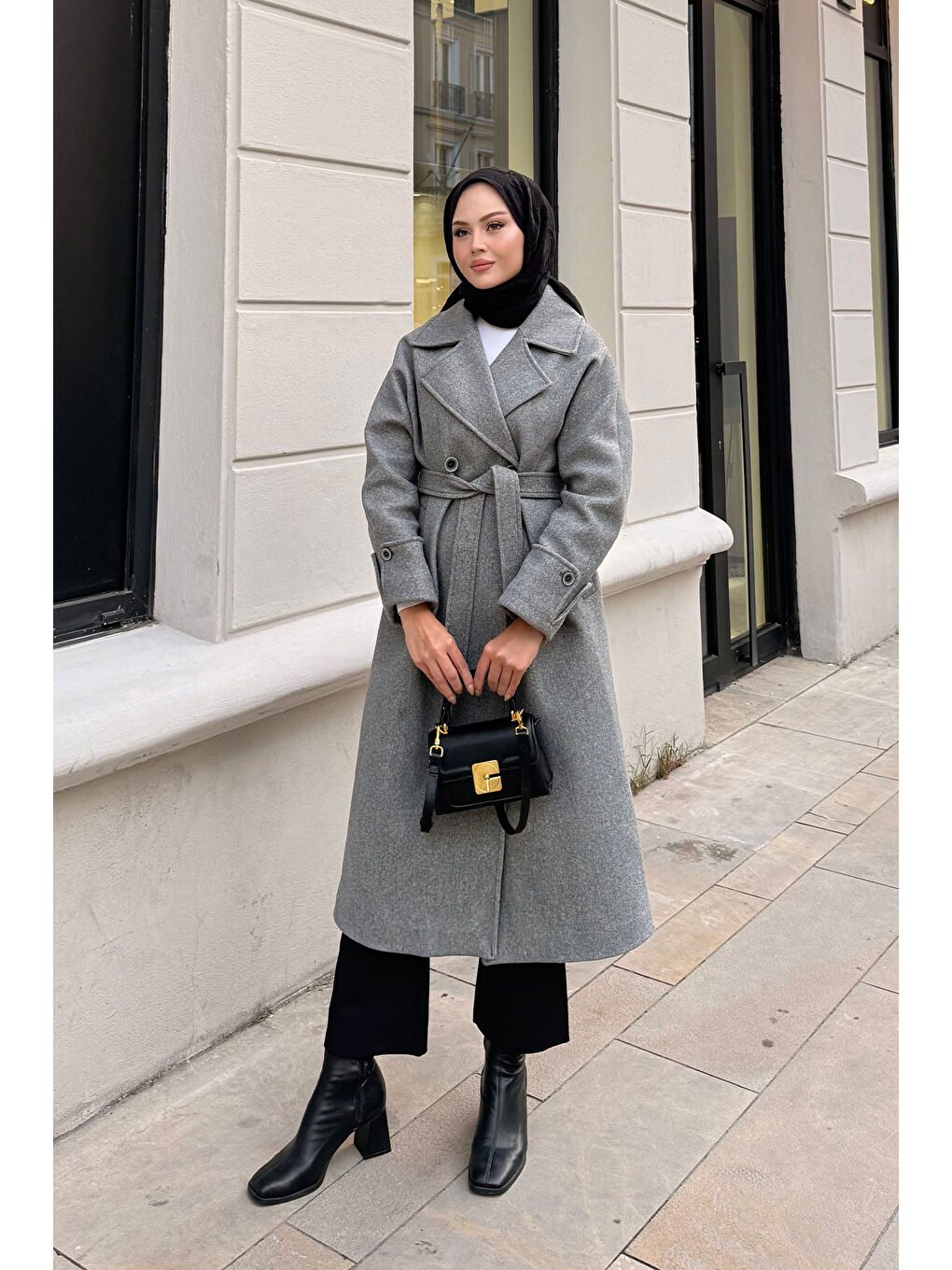 Kadın Kruvaze Yaka Kaşe Kaban Gri