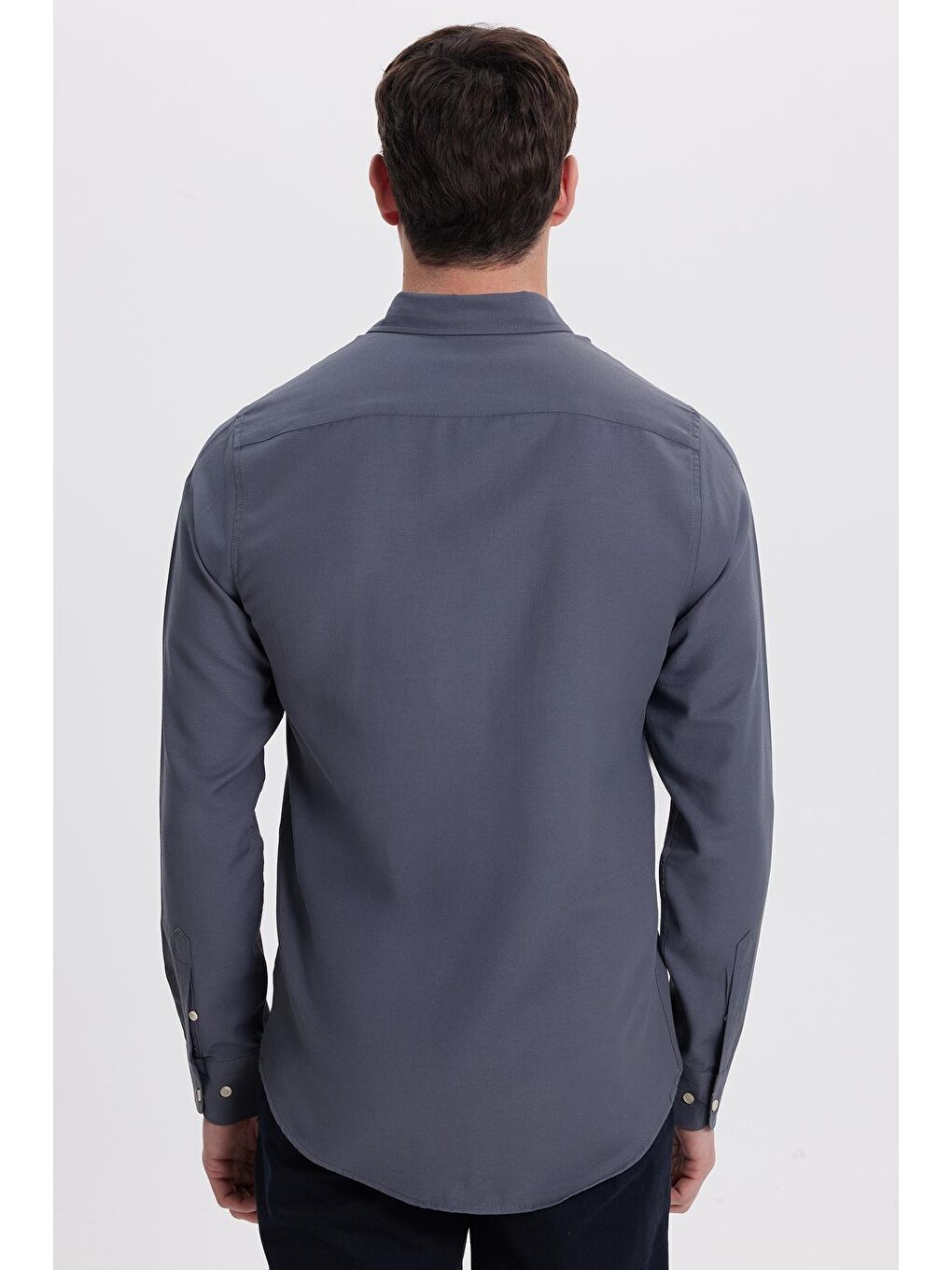 Erkek Slim Fit Dar Kesim Düz Oxford Armalı Düğmeli Yaka  Antrasit Spor Gömlek-7
