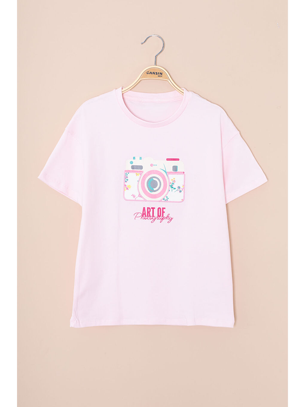 Pembe Sırtı Yazılı Fotoğraf Baskılı Kız Çocuk Bisiklet Yaka Tişört 20979