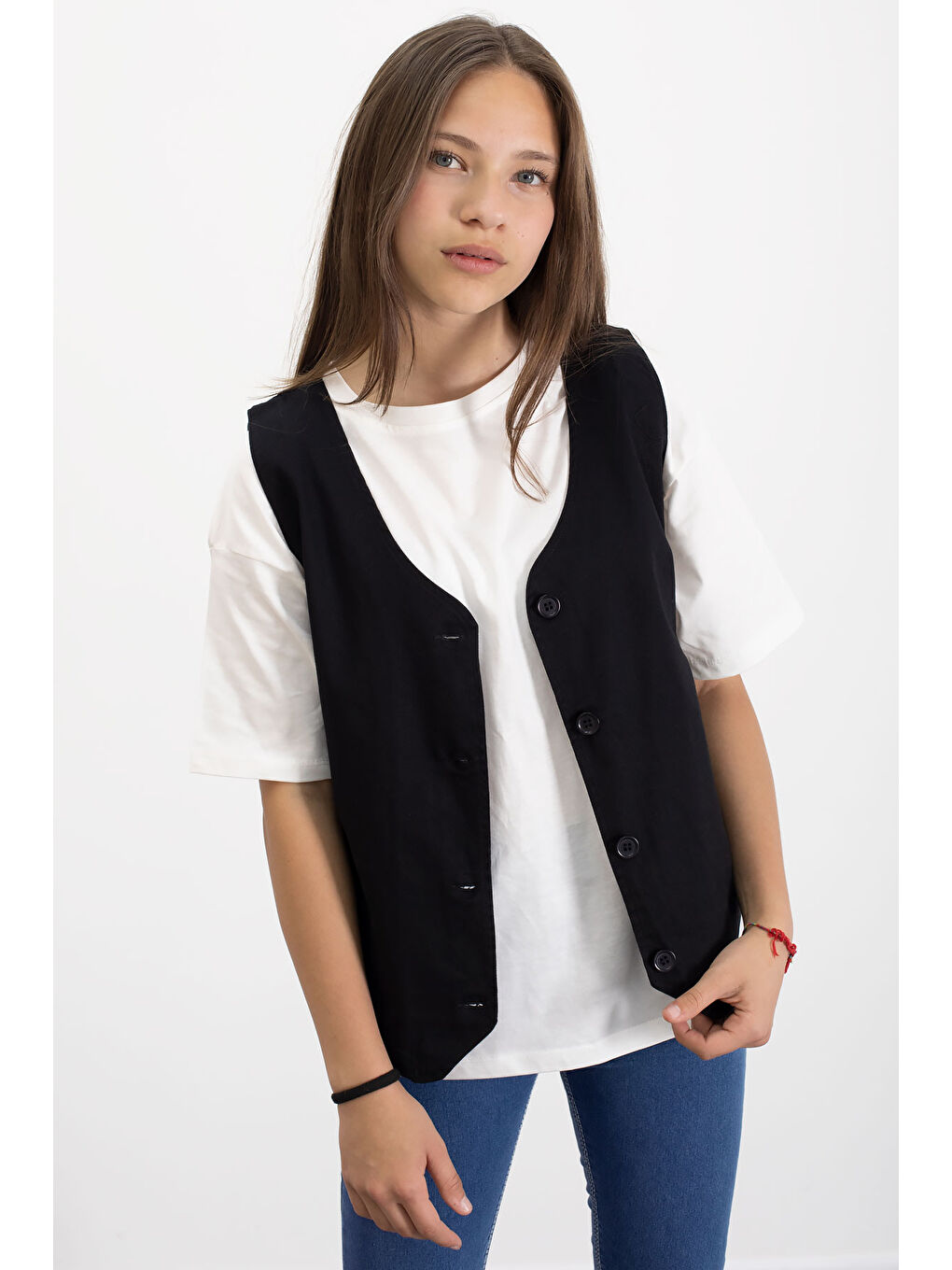 Siyah Keten Düğmeli Yelekli Oversize Tişörtlü Kız Çocuk 2li Takım 21006-1