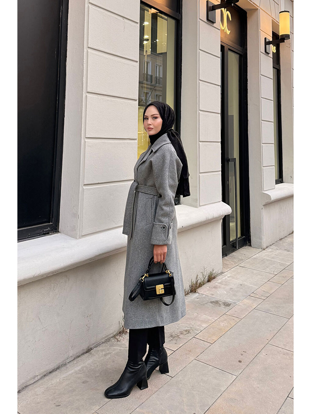 Kadın Kruvaze Yaka Kaşe Kaban Gri-1