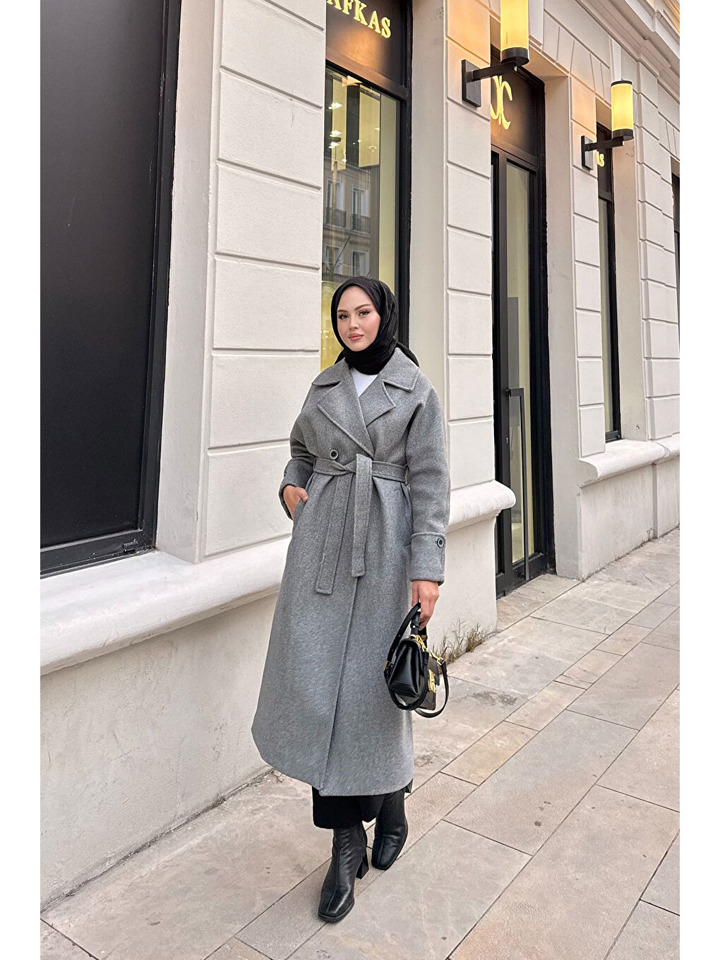 Kadın Kruvaze Yaka Kaşe Kaban Gri-2