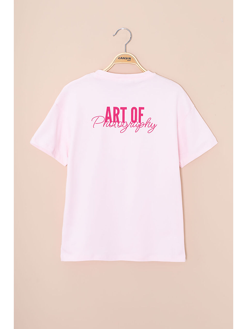 Pembe Sırtı Yazılı Fotoğraf Baskılı Kız Çocuk Bisiklet Yaka Tişört 20979-1