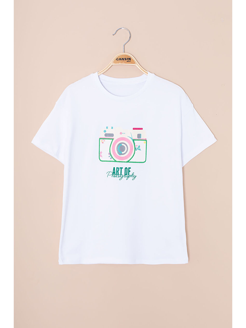 Ekru Sırtı Yazılı Fotoğraf Baskılı Kız Çocuk Bisiklet Yaka Tişört 20980