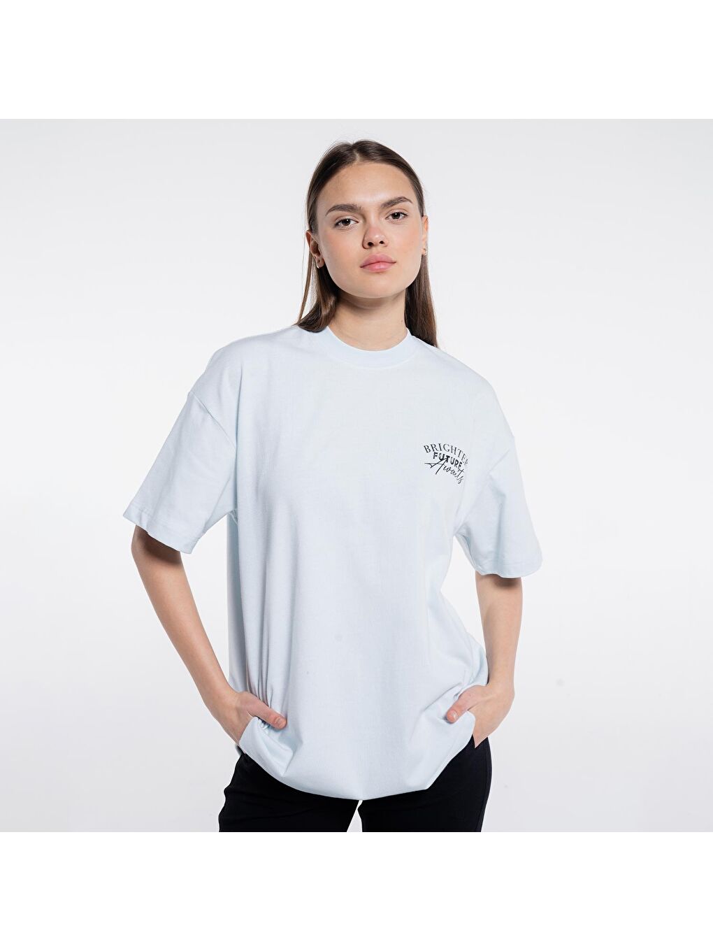 Deka Kadın Buz Mavisi %100 Pamuk Bisiklet Yaka Ekstra Oversize Tişört