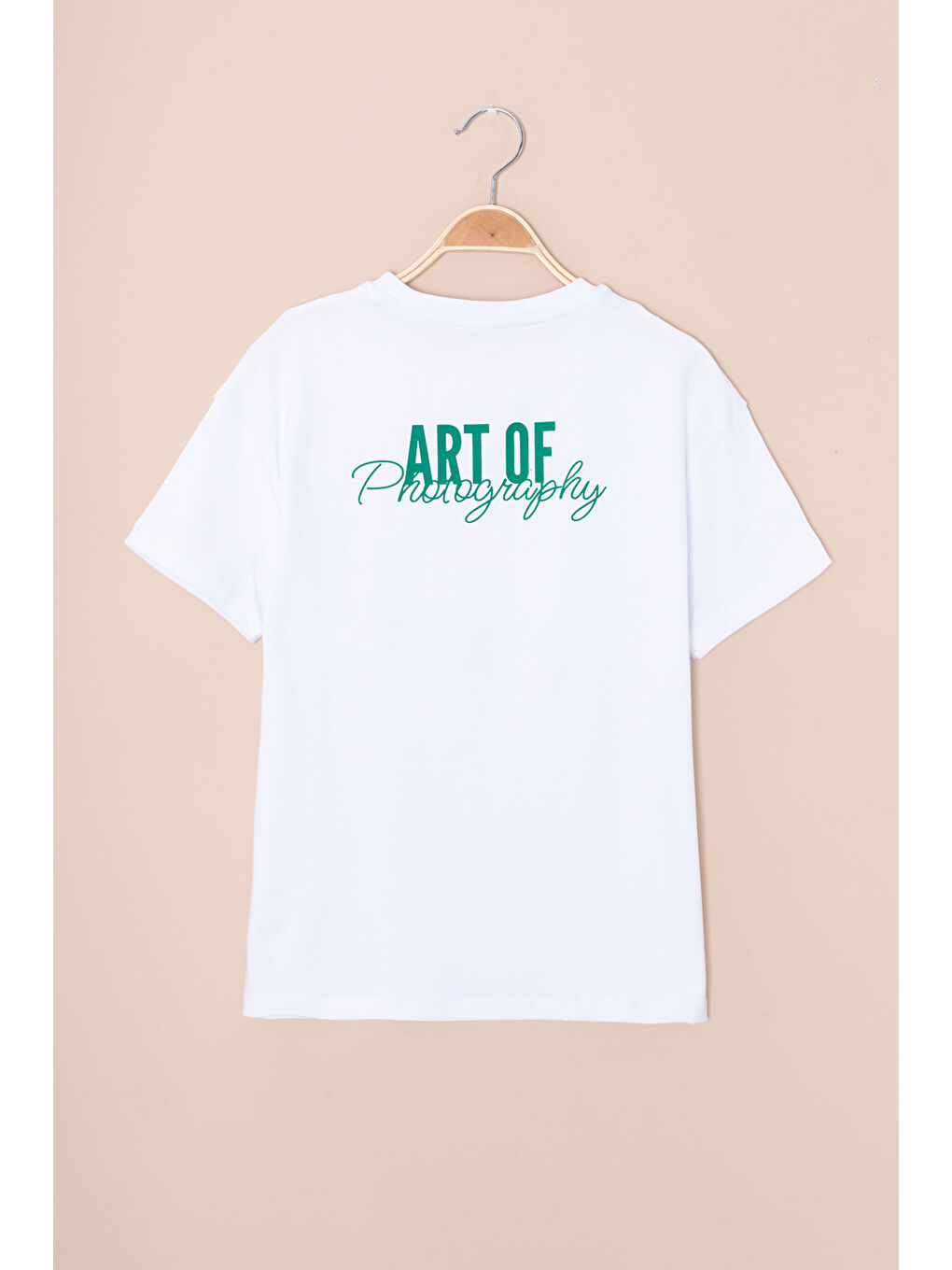 Ekru Sırtı Yazılı Fotoğraf Baskılı Kız Çocuk Bisiklet Yaka Tişört 20980-1