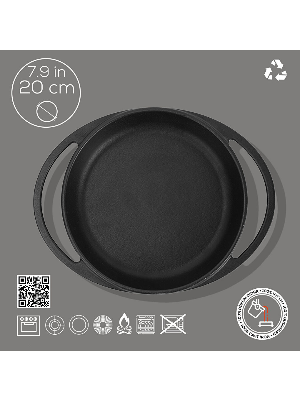 Siyah Yuvarlak Sahan Döküm Demir Yekpare Çift Kulplu Çap(Ø)20cm.-3