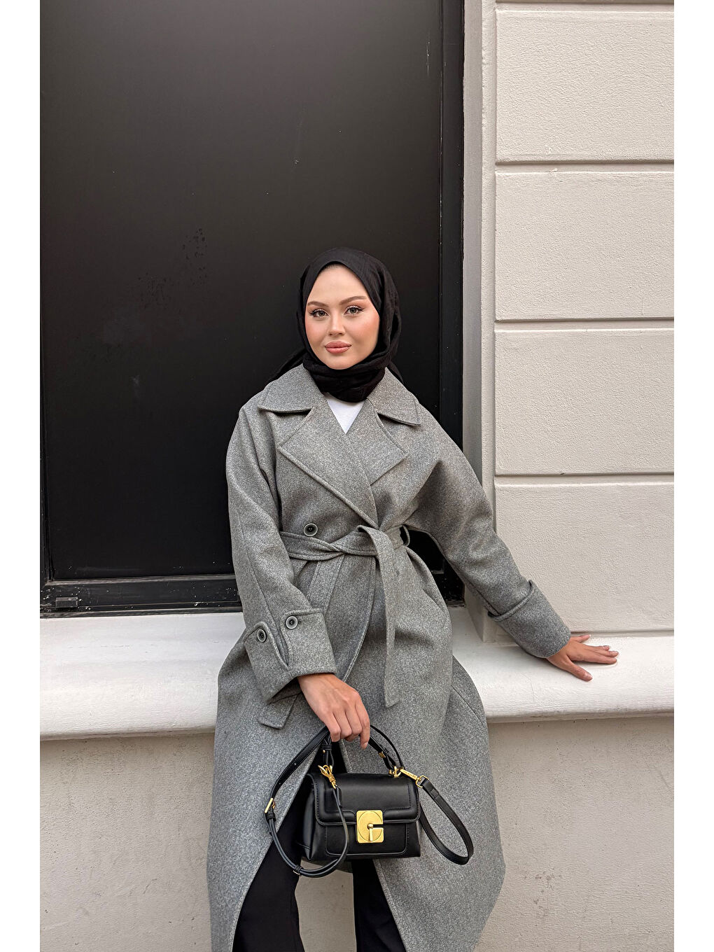 Kadın Kruvaze Yaka Kaşe Kaban Gri-3