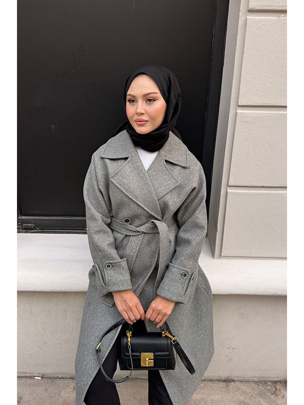 Kadın Kruvaze Yaka Kaşe Kaban Gri-4