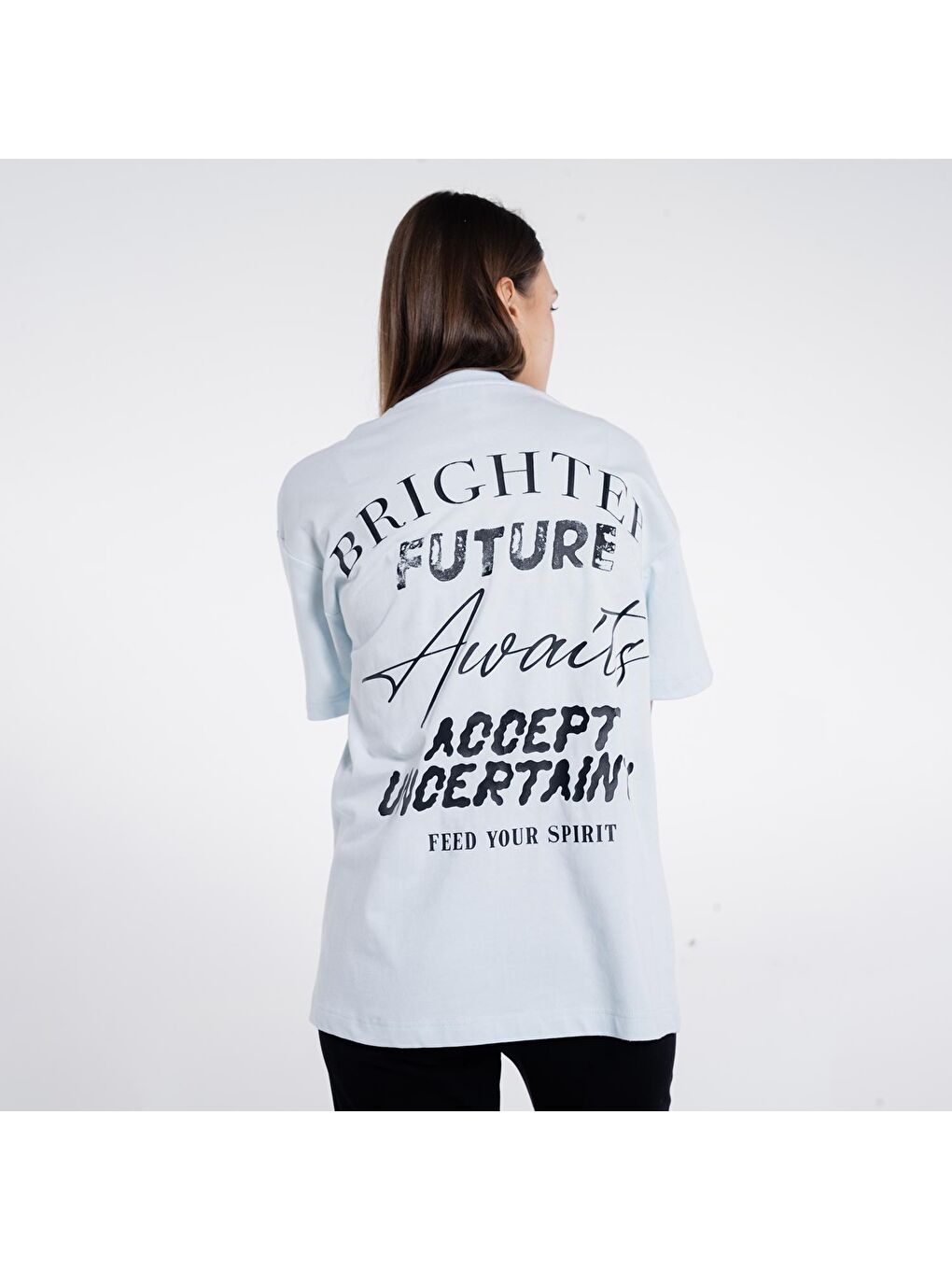 Deka Kadın Buz Mavisi %100 Pamuk Bisiklet Yaka Ekstra Oversize Tişört-1