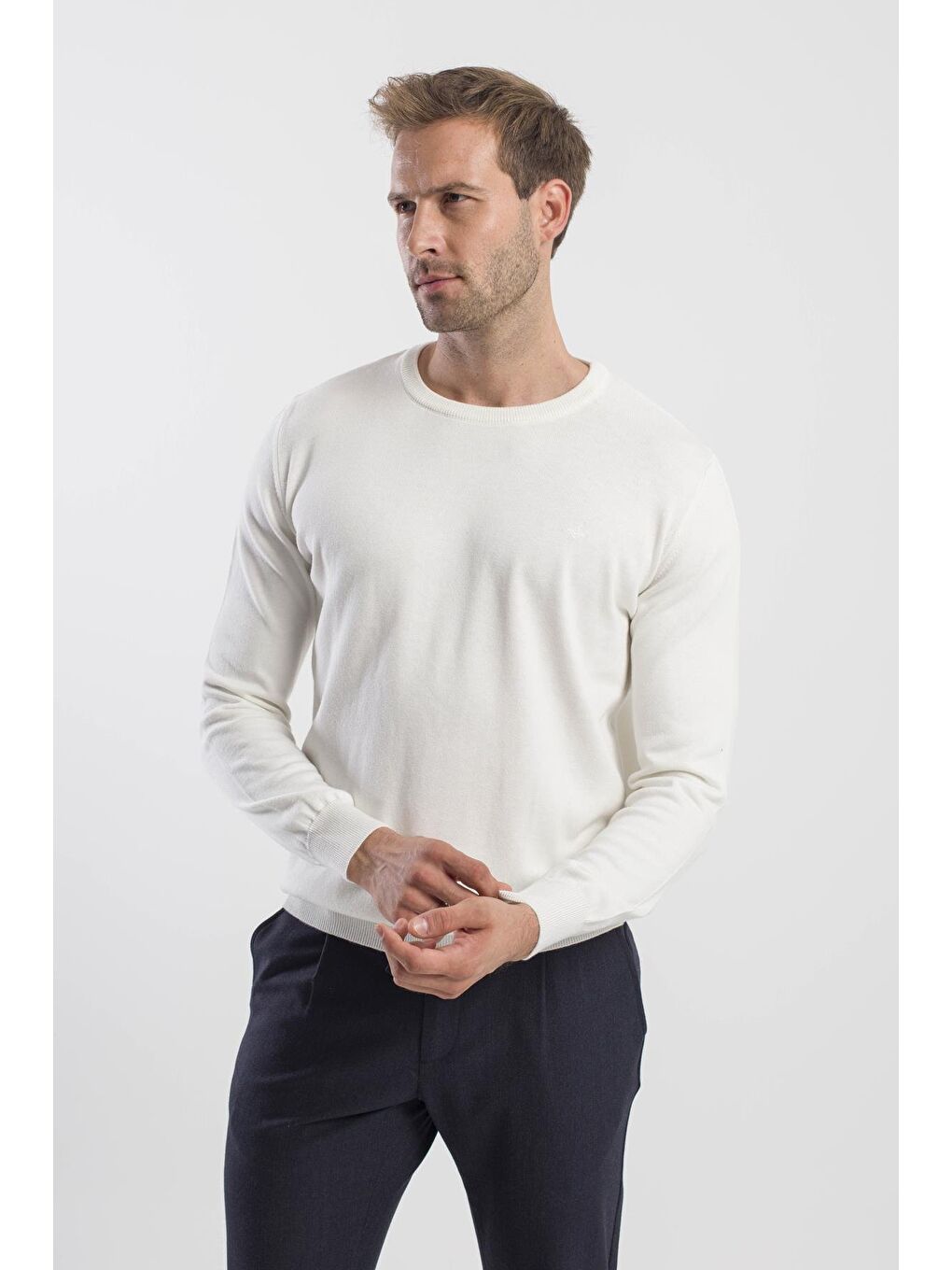 Ekru Slim Fit Bisiklet Yaka Triko Kazak-1