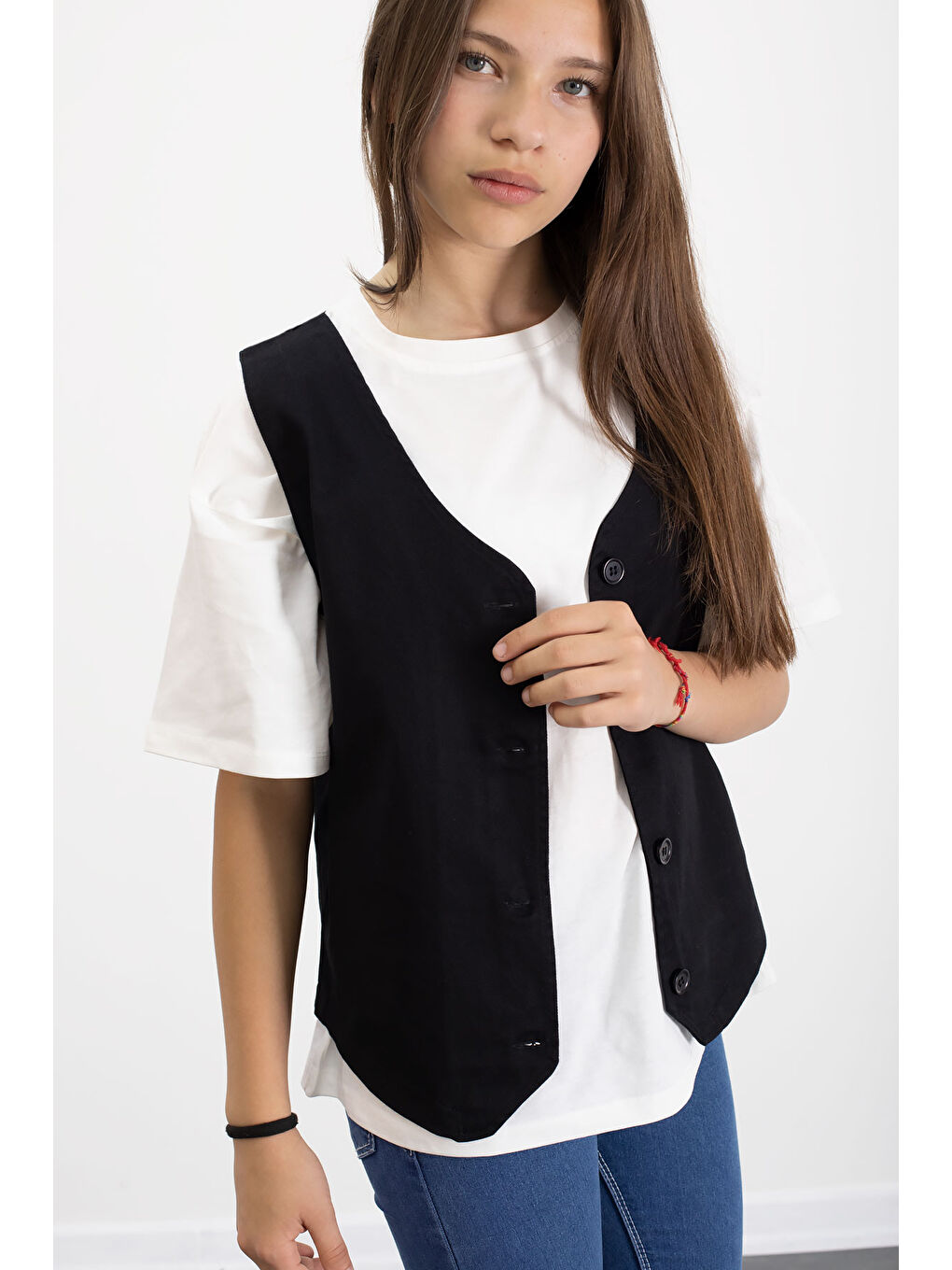 Siyah Keten Düğmeli Yelekli Oversize Tişörtlü Kız Çocuk 2li Takım 21006-3