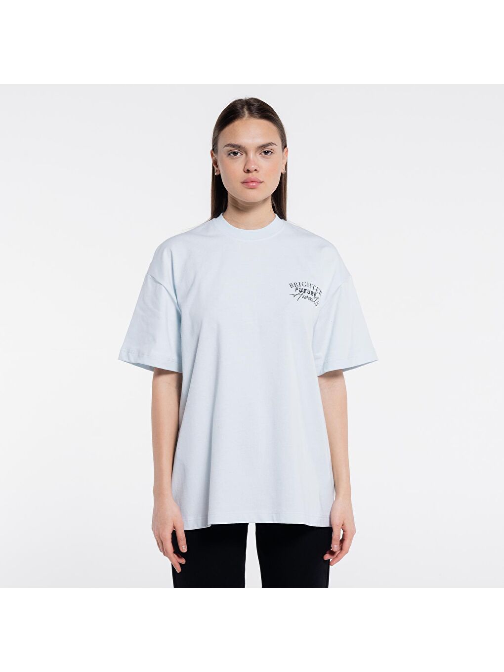 Deka Kadın Buz Mavisi %100 Pamuk Bisiklet Yaka Ekstra Oversize Tişört-3