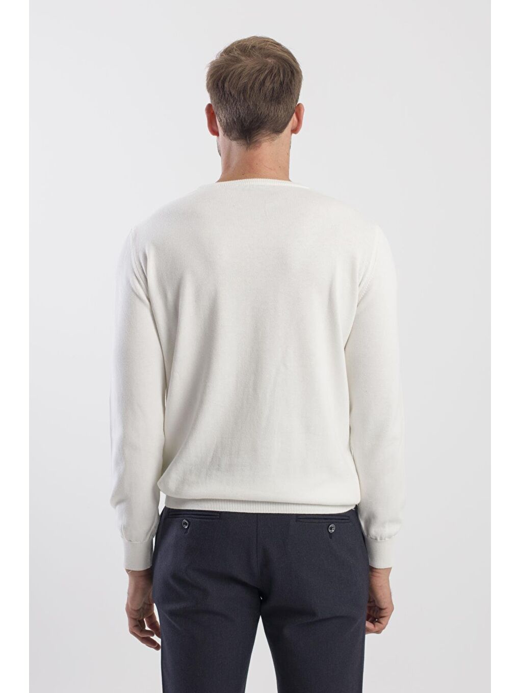 Ekru Slim Fit Bisiklet Yaka Triko Kazak-3